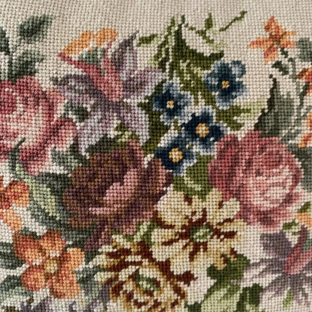 Vintage Floral Needlepoint Throw Pillow